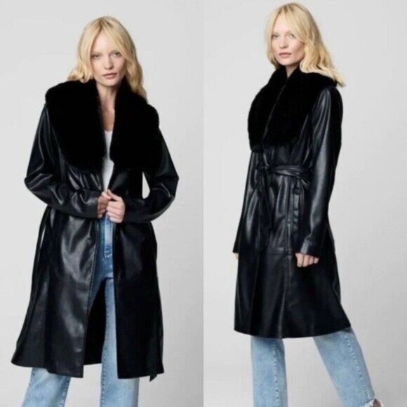 NWT BlankNYC In The Moment Faux Fur Vegan Leather Trench Coat XL Black Belted